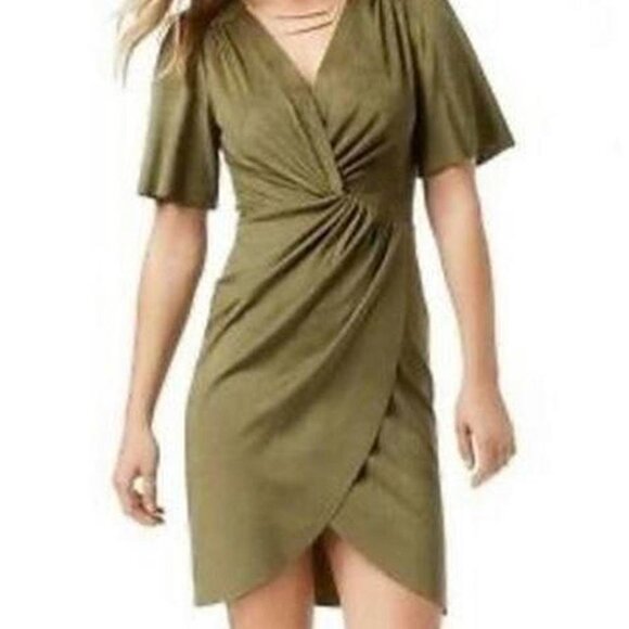 Kensie Olive Green Faux Suede Twist Front Tulip Hem Dress Women’s Size M - Picture 3 of 13